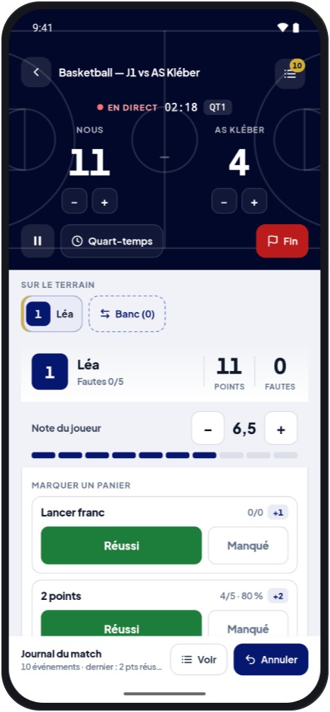 Écran de suivi d'un match de basket dans l'application Paak : score, quart-temps, lancers francs et paniers