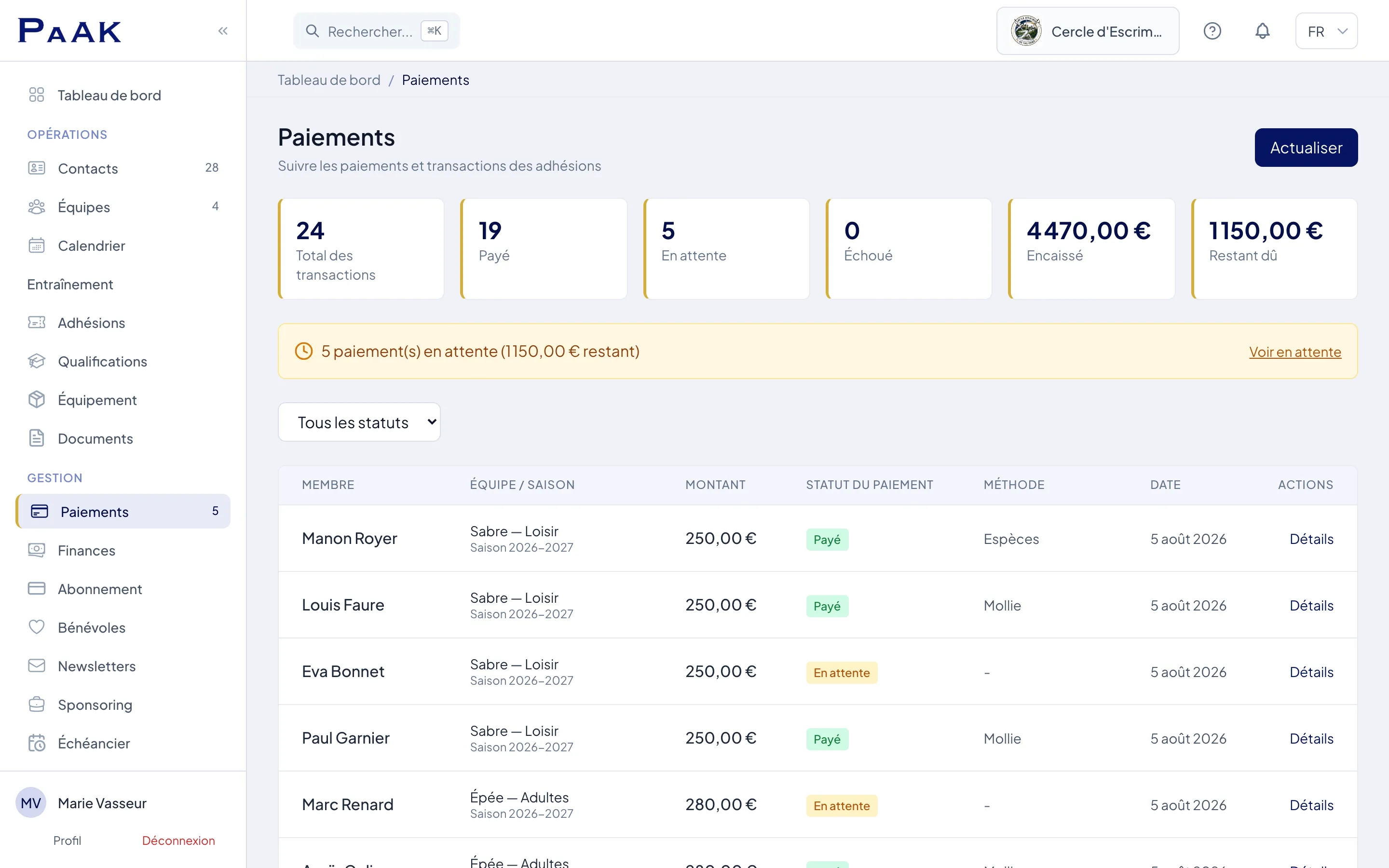 La page Paiements de Paak : liste des règlements de cotisations d'un club avec le statut de chaque paiement.