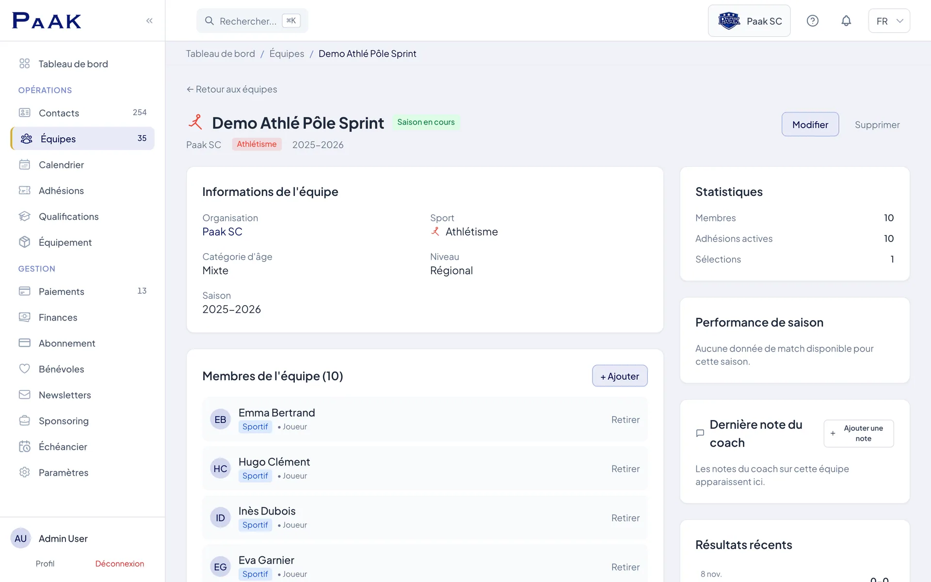 Effectif du club et calendrier des sessions d'athlétisme sur Paak