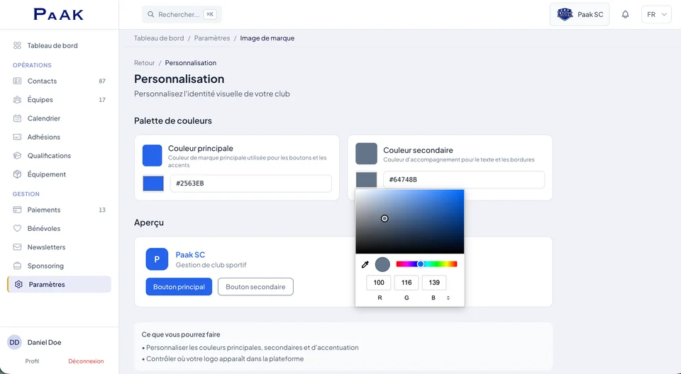 Paak brand customization page — primary and secondary colour palette, RGB picker, preview of branded buttons