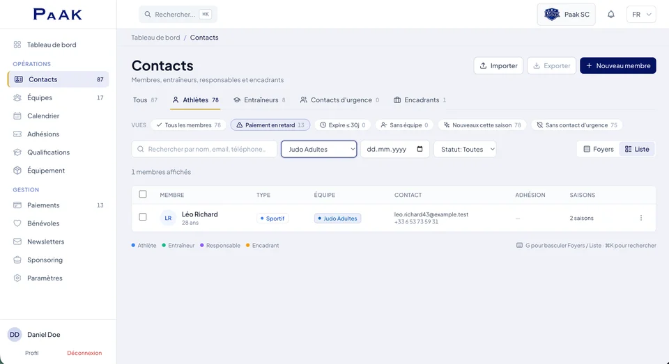 Paak contacts list for a football club club with Overdue payment filter