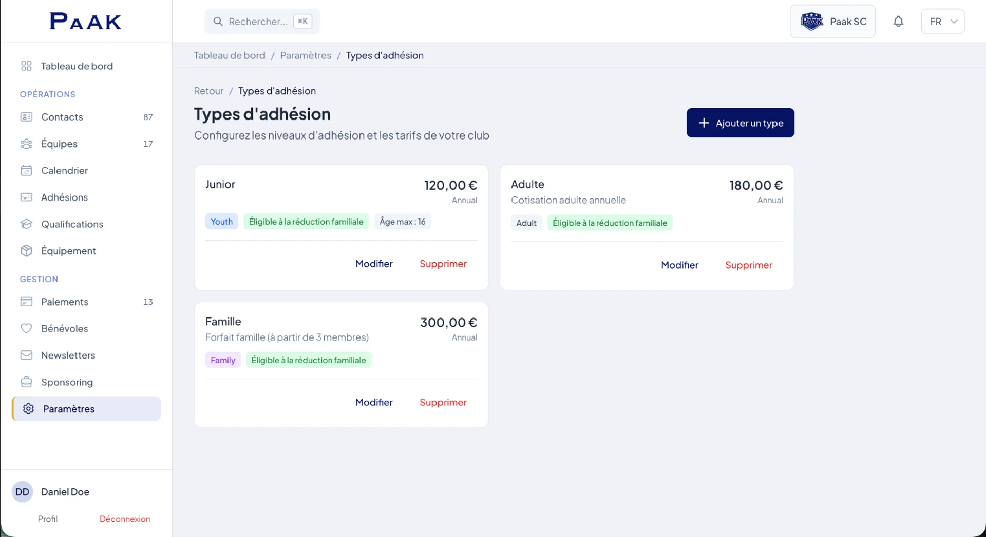 Configurable membership types in Paak — Junior, Adult, Family with prices and rules