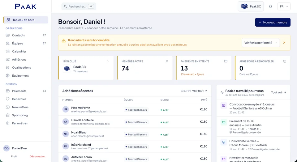 Tableau de bord Paak — 78 membres actifs, 13 paiements en attente, file d'automatisations en temps reel