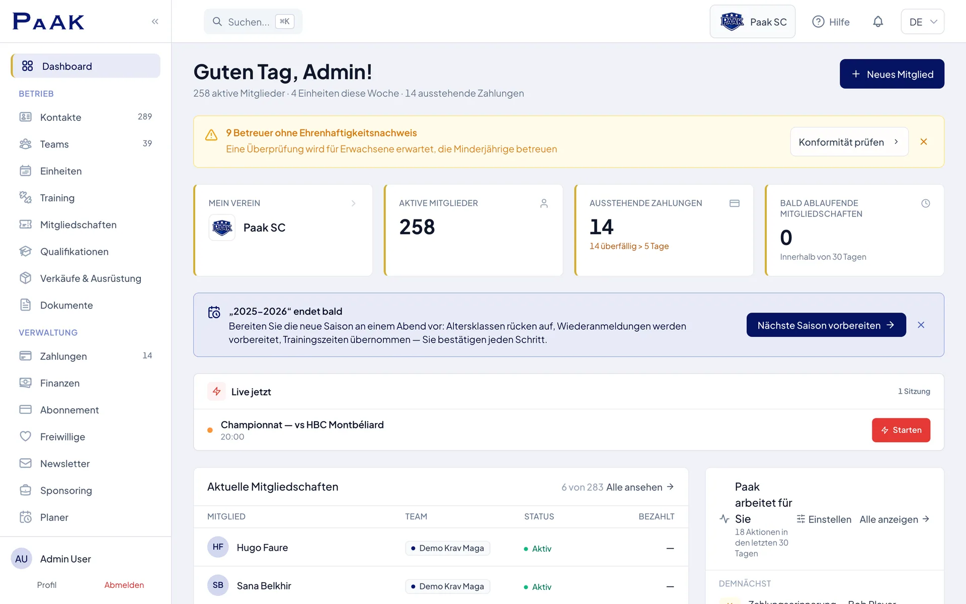 Dashboard eines Schweizer MMA-Vereins in Paak — Mitglieder, Beiträge, Teams