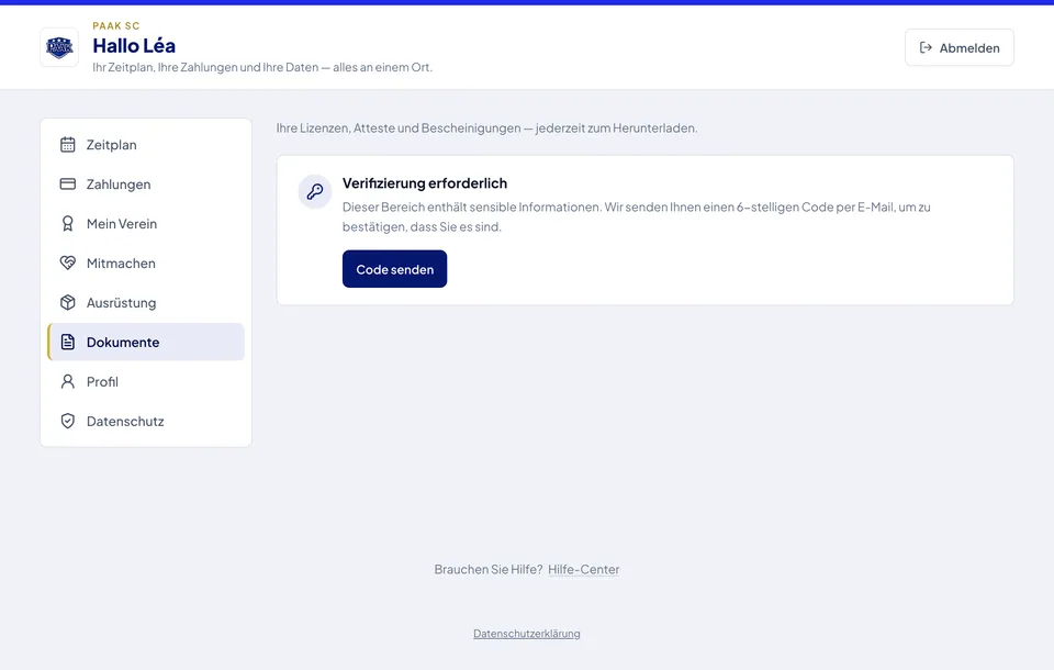 Paak Mitgliederbereich — sensible Bereiche durch einen Einmalcode per E-Mail geschützt