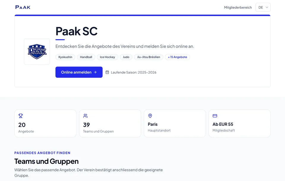 Die öffentliche Vereinsseite auf Paak — Vorstellung, Aktivitäten und der Online-Anmelde-Button