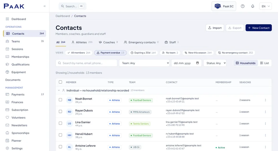 Contacts list filtered by overdue payment