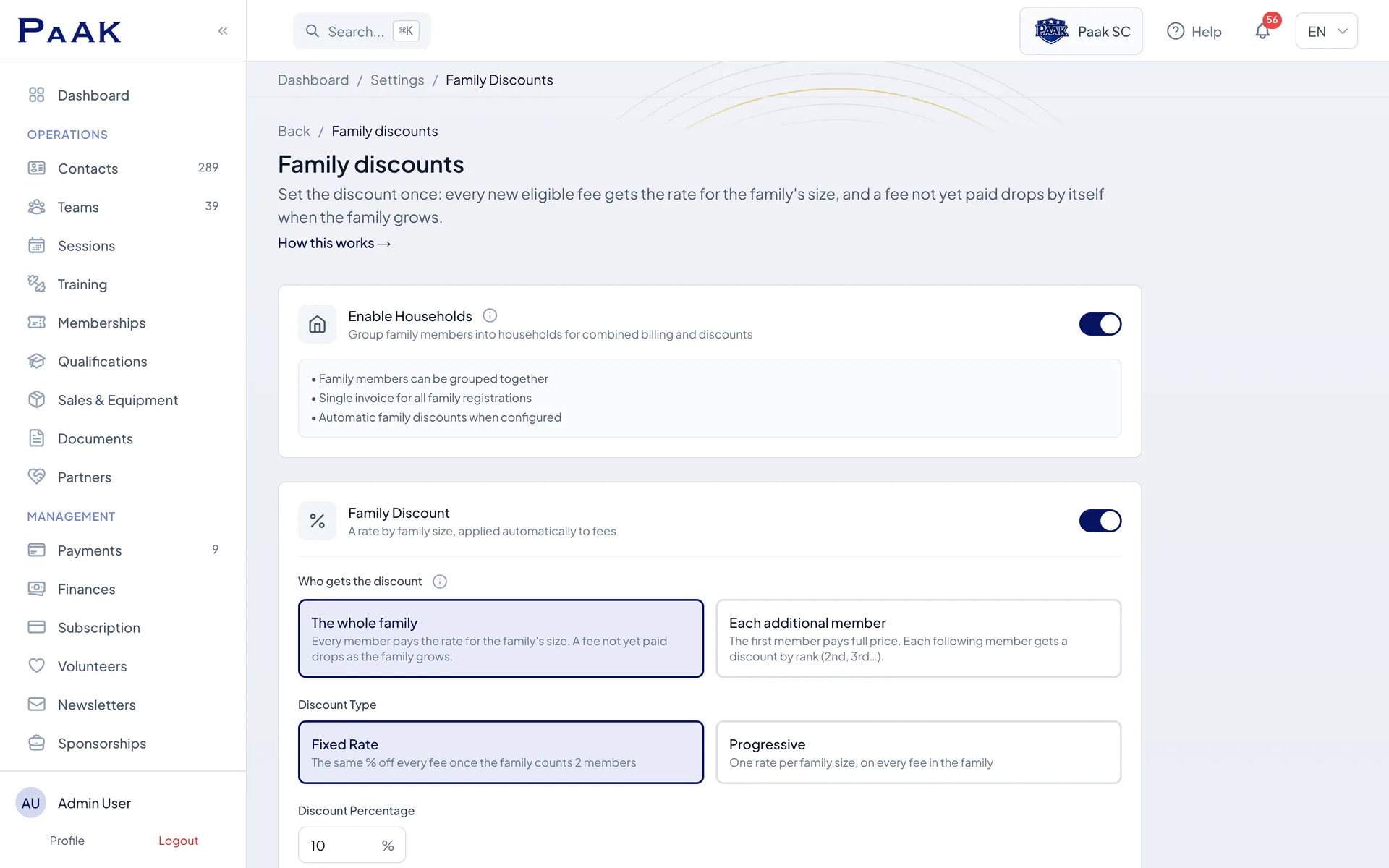 Household in Paak: family discount applied automatically
