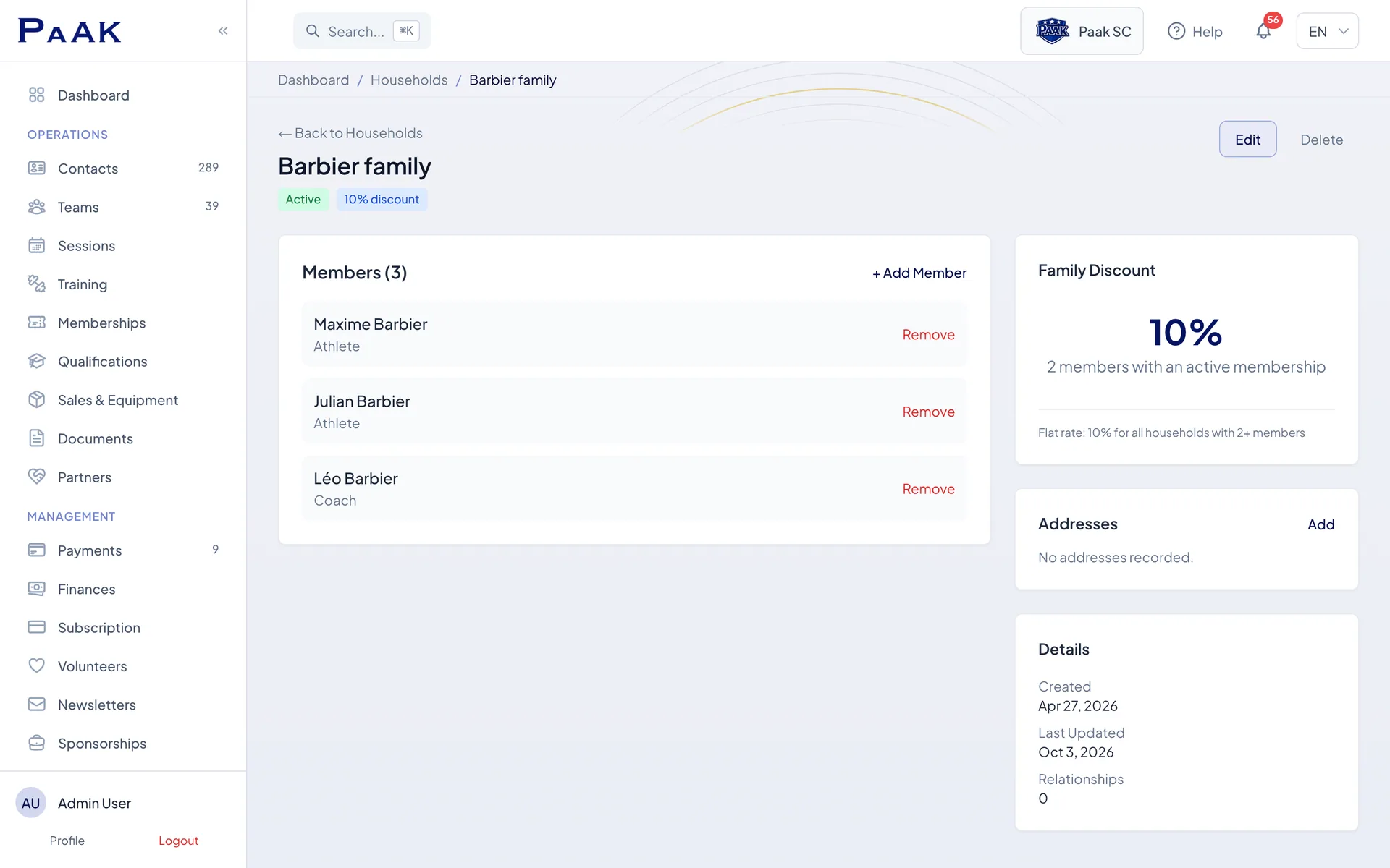 Member management and family discounts in Paak