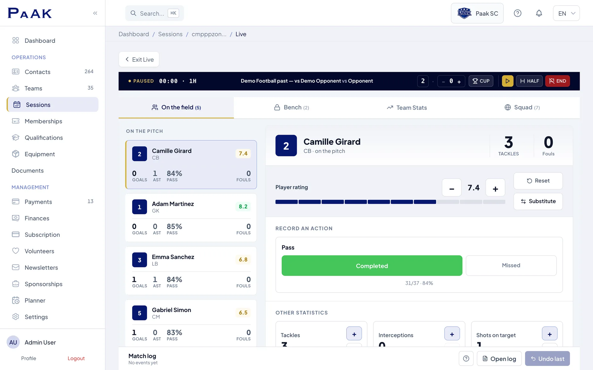Live football match tracking in Paak — per-player /10 rating and real-time stats