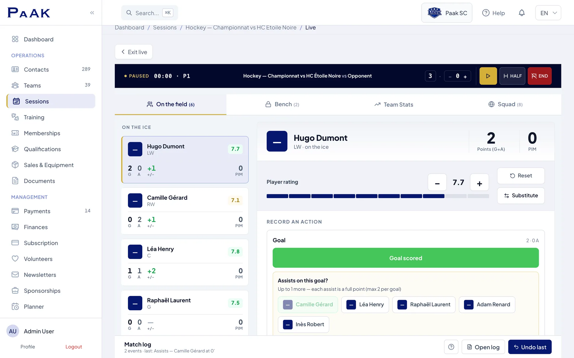 Ice hockey live match tracker in Paak: the players on the ice with their goals, assists, plus/minus and penalty minutes, the player rating, the Goal scored button and the assist picker (two at most, like the official game sheet)