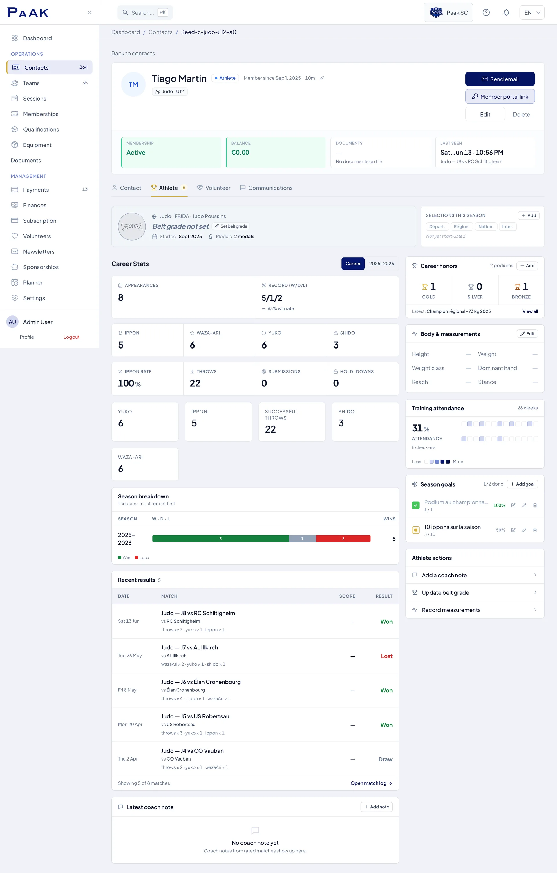 A judoka's profile in Paak — grade (belt/dan), weight category, fight statistics and record