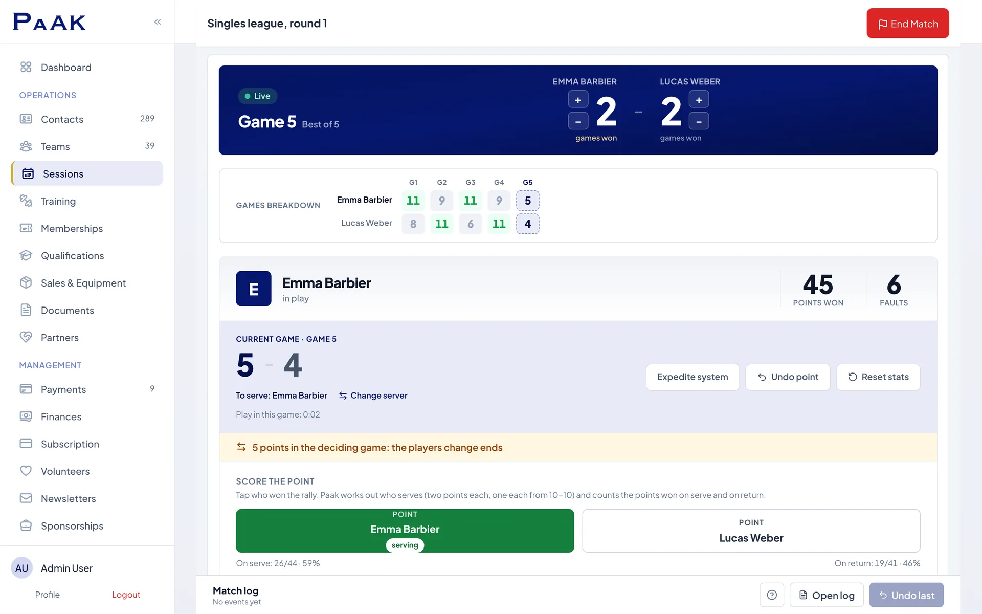 Live scoring of a table tennis match in Paak: deciding game, player to serve