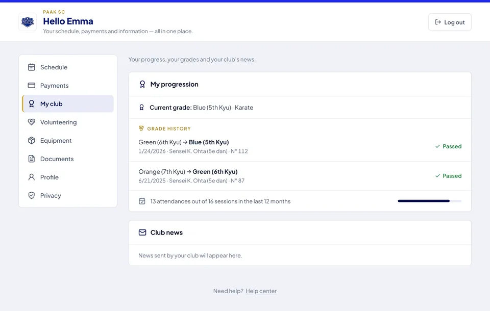 Paak member portal — My club tab: current grade, grading history, attendance