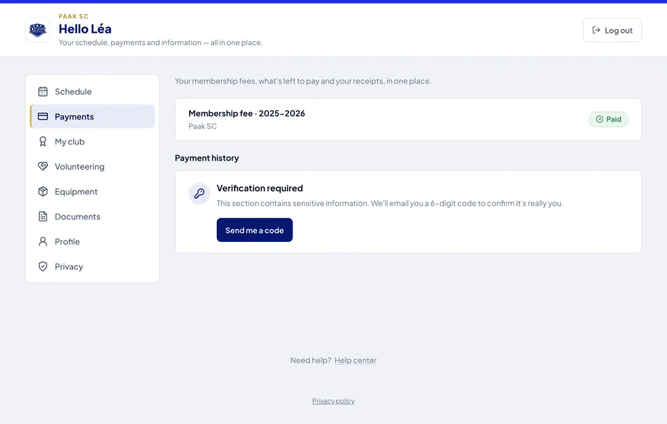 Paak member portal, Payments tab: season fee settled, payment history protected by a one-time code