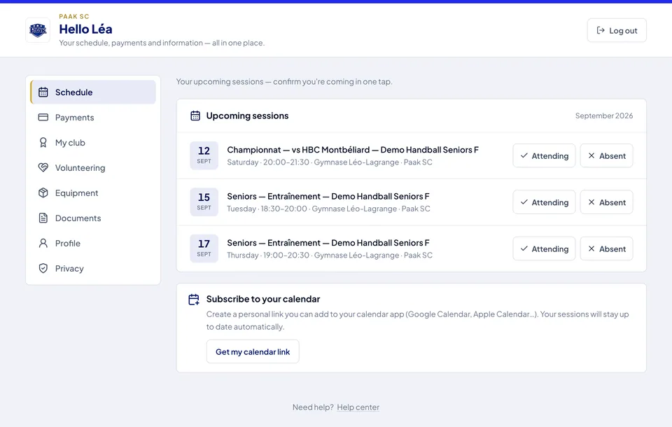 Paak member portal — Schedule tab: upcoming sessions, one-tap RSVP, calendar subscription