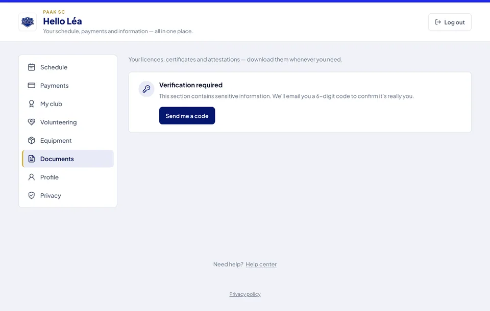 Paak member portal — sensitive sections protected by a one-time code sent by email