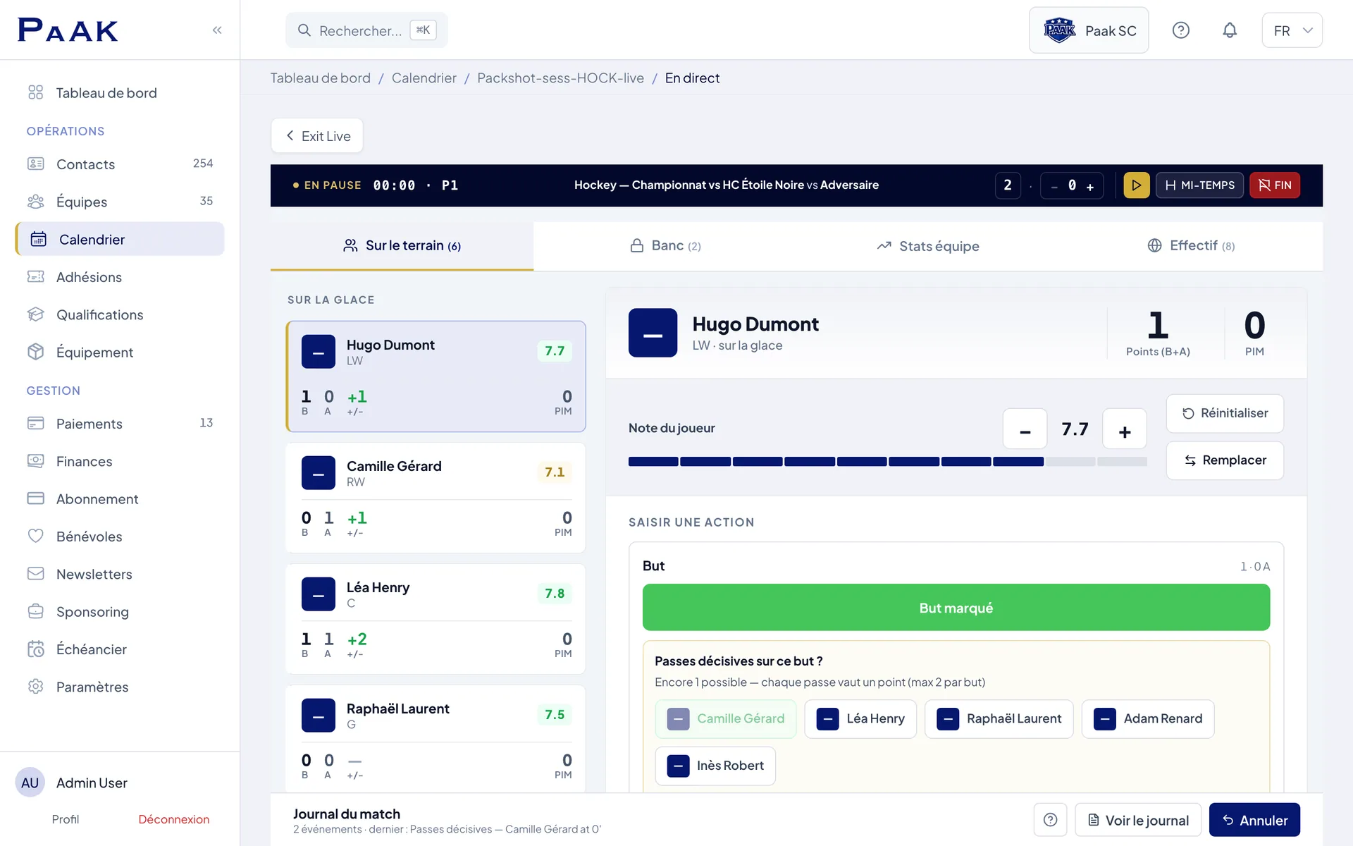 Ice hockey live match tracker in Paak — live points (G+A), the assist picker on a goal (maximum two, like the official game sheet), signed plus/minus and graduated penalties