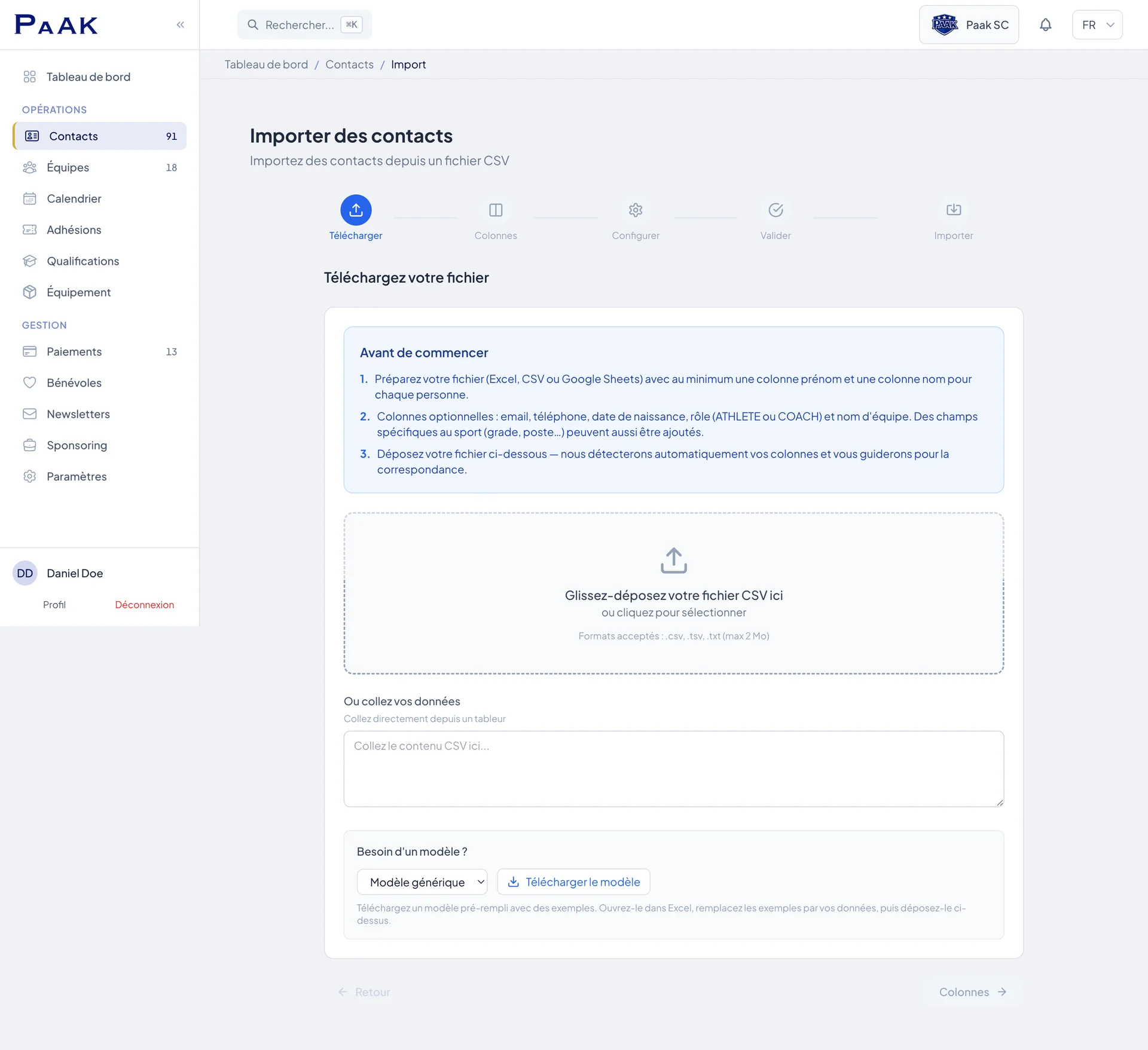 Import d'un fichier Excel d'adhérents dans Paak