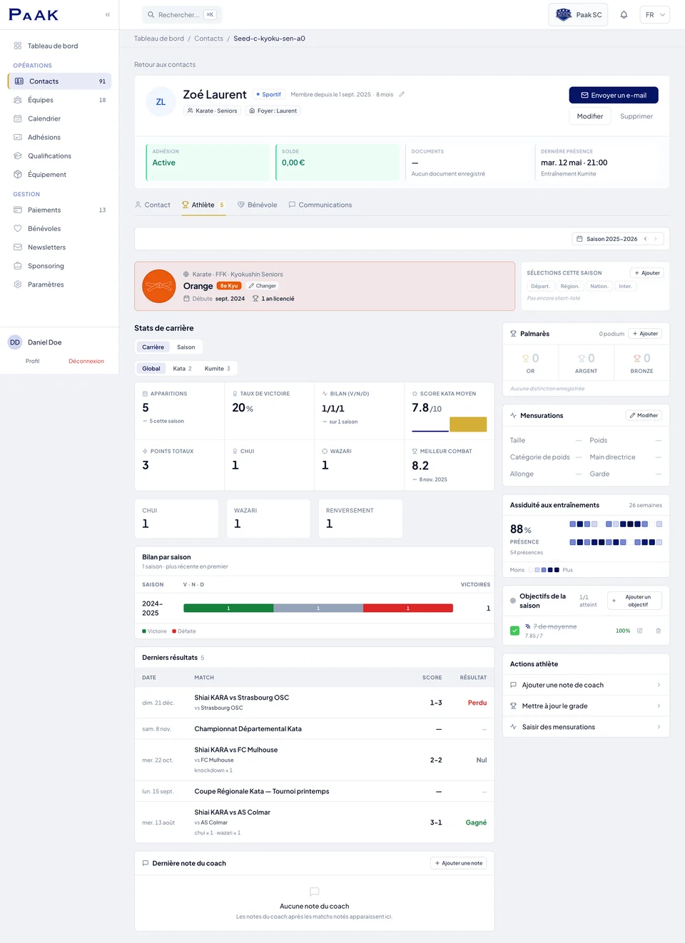 Profil karatéka Paak — Zoé Laurent, ceinture orange, stats kumité (yuko/wazari/ippon), KO subis, efficacité, palmarès, mensurations