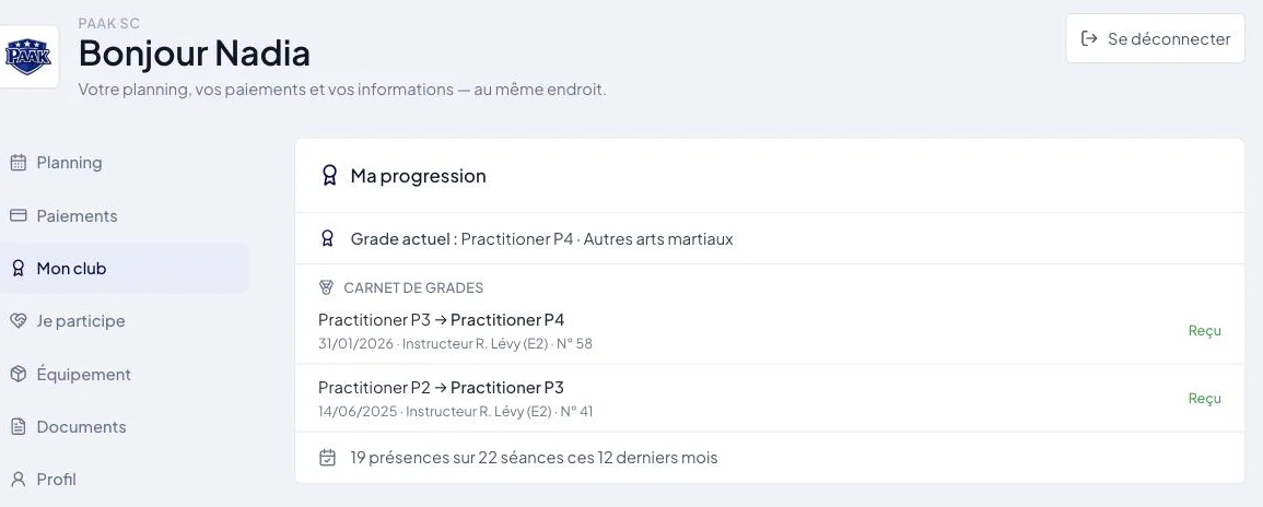 Espace membre Krav Maga dans Paak — grade actuel Practitioner P4, carnet de grades et présences