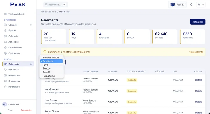 Paak payment tracking — 20 transactions, 16 paid, 4 pending, EUR 2,640 collected, EUR 660 outstanding, status filter