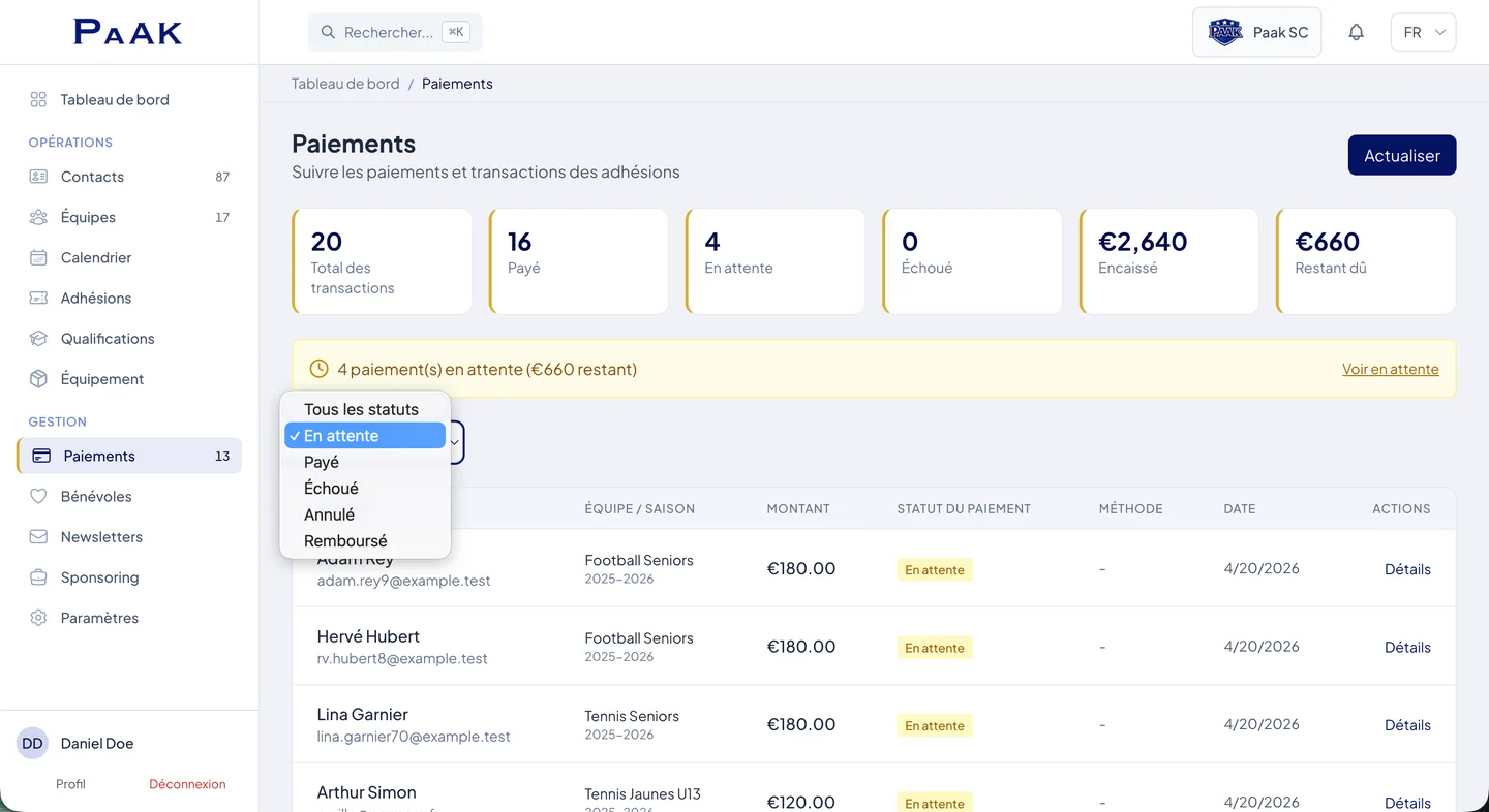Paak payment tracking — paid, pending, amounts collected and outstanding