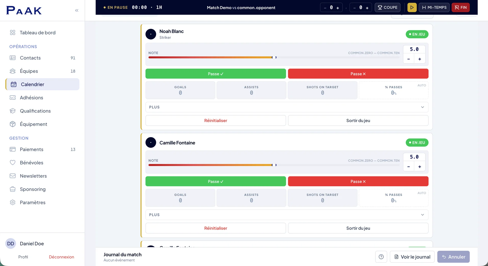 Live tracker de match Paak sur écran