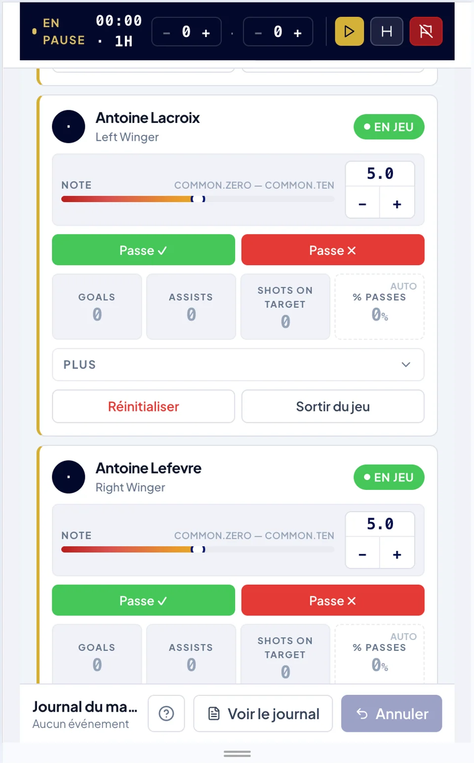 Paak live-match tracker on mobile — per-player rating, passes, substitutions, match journal