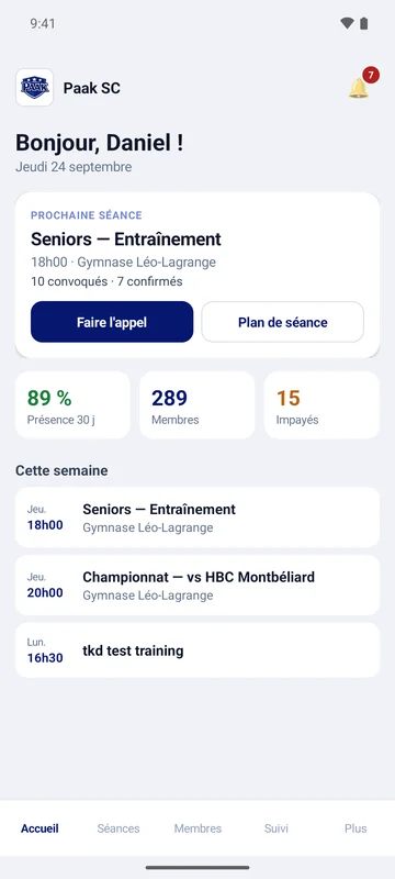 Application Paak, écran d’accueil : la prochaine séance, le bouton « Faire l’appel », la semaine du club