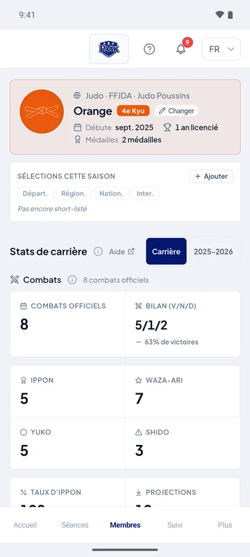 Application Paak, fiche d’un judoka : grade, sélections, statistiques de carrière