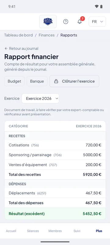 Application Paak, rapport financier : compte de résultat de l’exercice