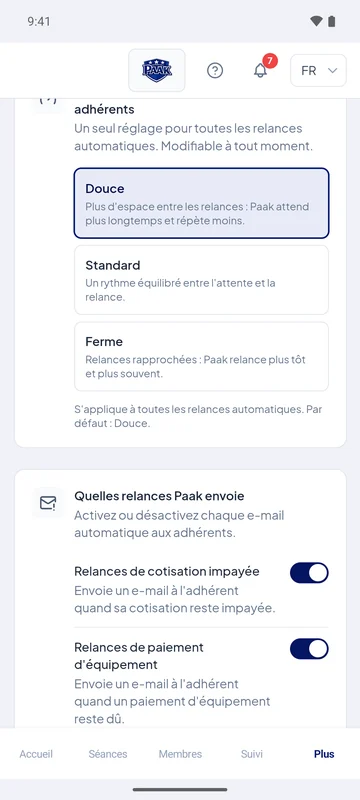 Application Paak, réglage des relances automatiques de cotisation