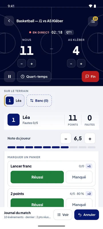 Application Paak, tableau de marque en direct : Basket