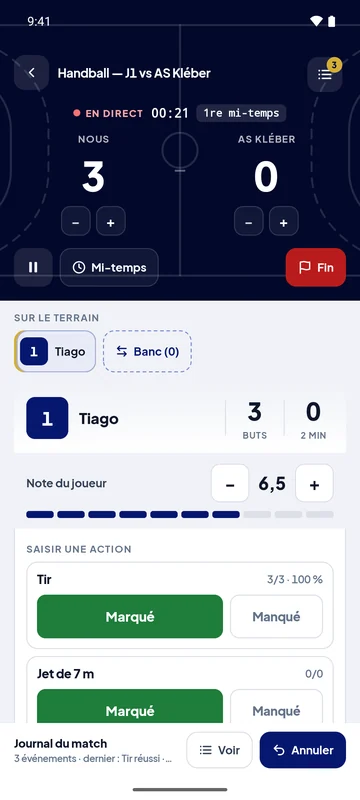 Application Paak, tableau de marque en direct : Handball