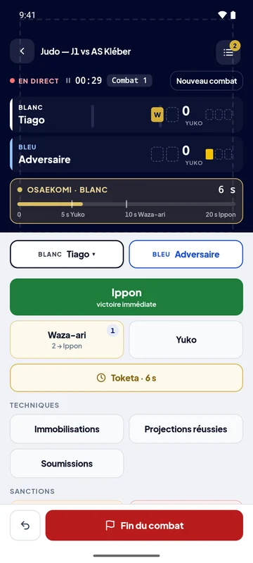 Application Paak, tableau de marque en direct : Judo
