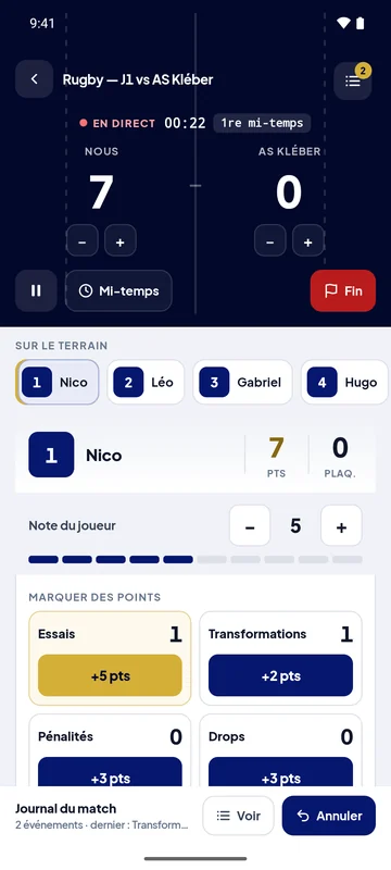 Application Paak, tableau de marque en direct : Rugby