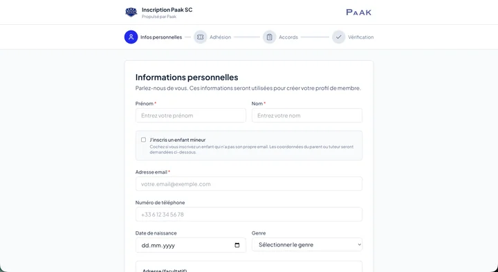 Public Paak SC sign-up page in club colours — steps Personal Info, Membership, Agreements, Verification
