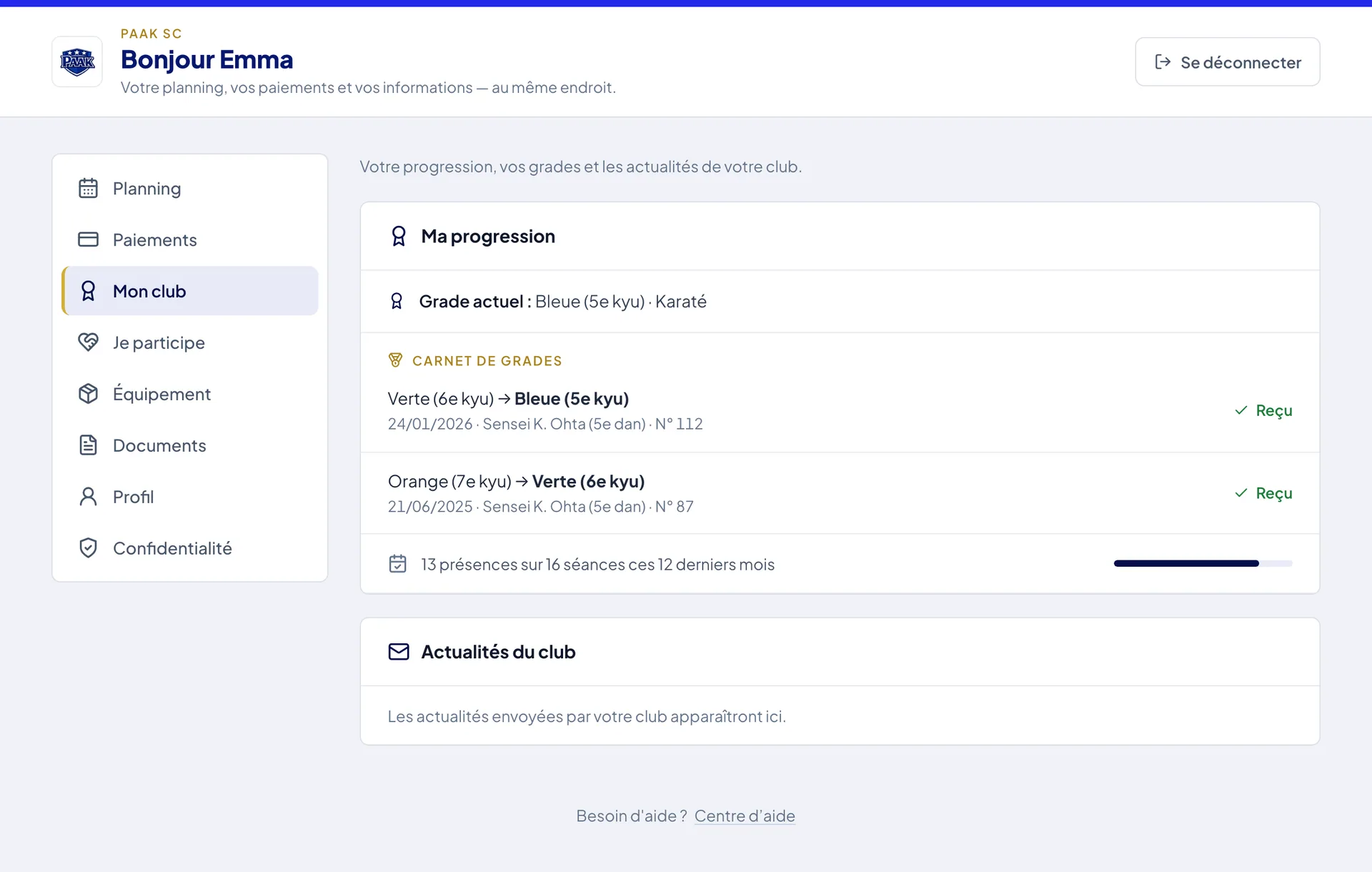 L'Espace membre d'un adh&eacute;rent&nbsp;: onglets Planning, Paiements, Mon club, &Eacute;quipement, Documents, Profil et Confidentialit&eacute;, aux couleurs du club