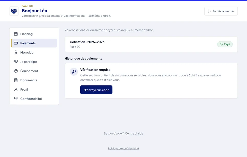 Espace membre Paak — onglet Paiements : cotisation de la saison réglée, historique protégé par un code à usage unique