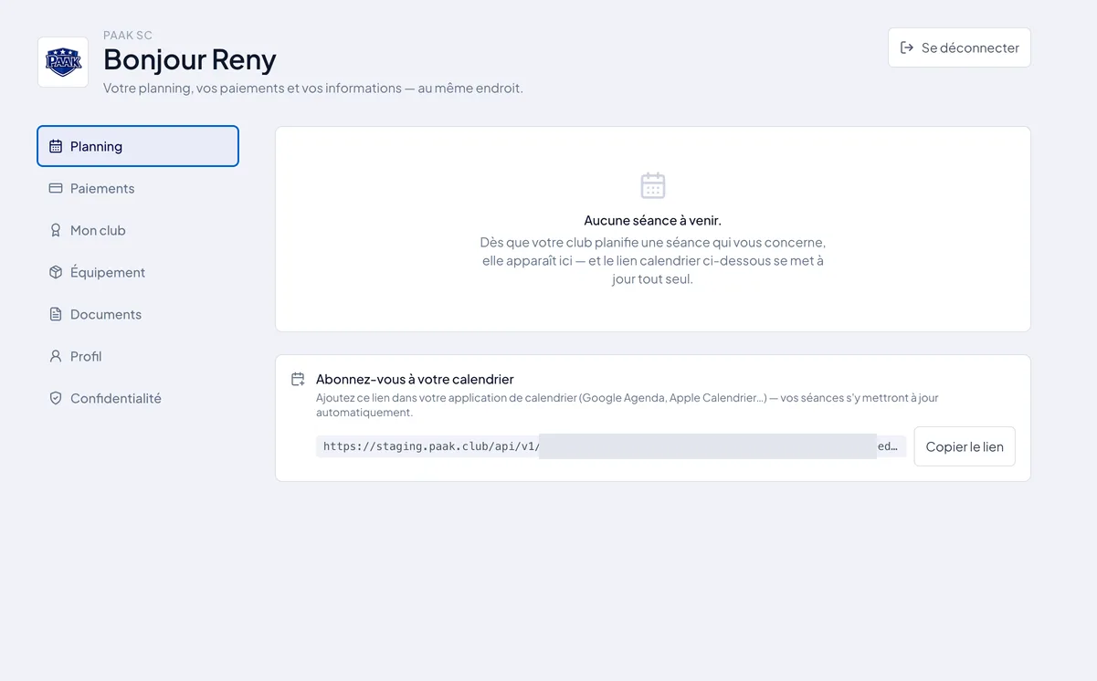 Espace membre Paak — onglet Planning avec abonnement calendrier (ICS)