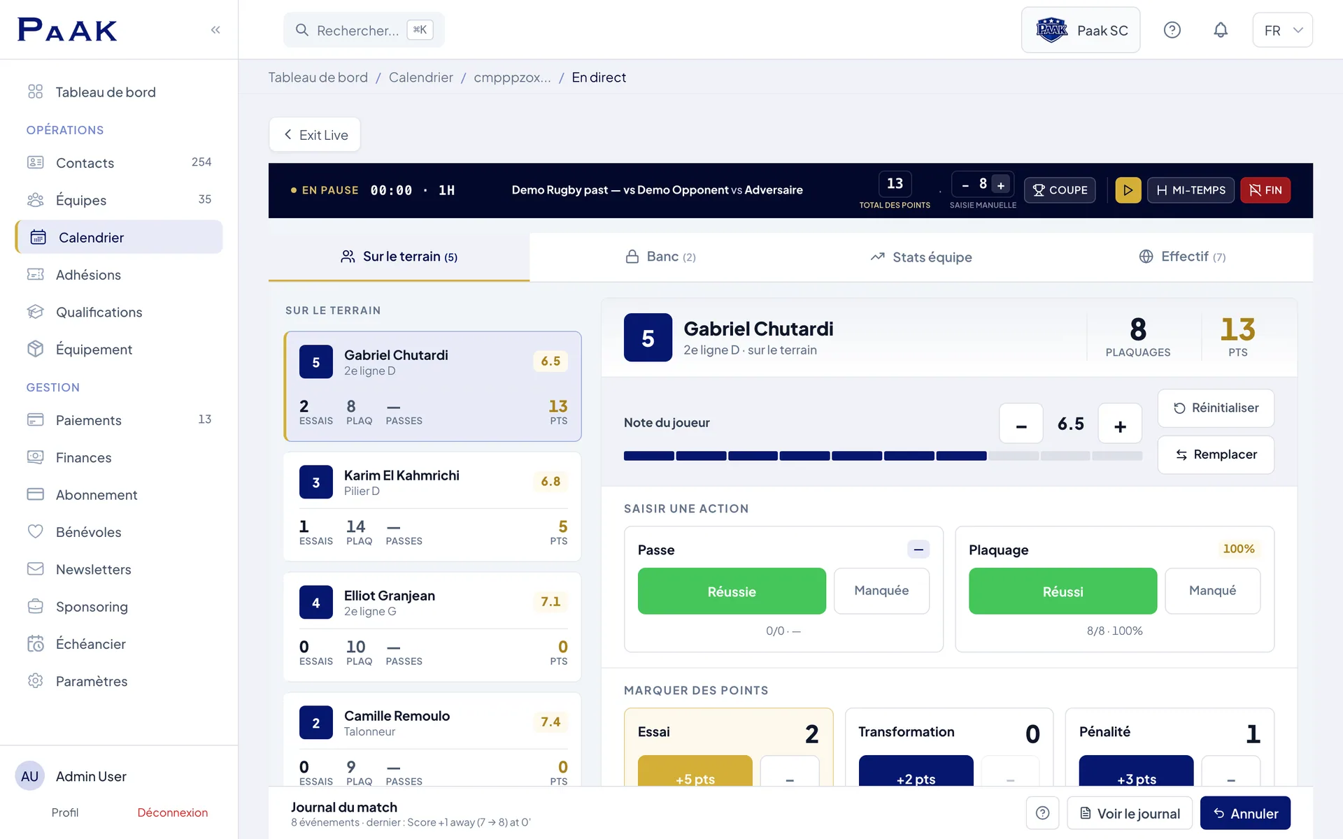 Live rugby match log in Paak — XV and Sevens configurations, per-discipline stats
