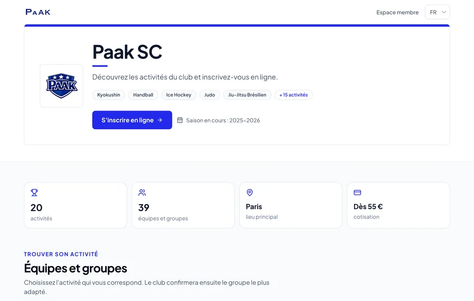 Page publique d’un club sur Paak — présentation, activités et bouton « S’inscrire en ligne »